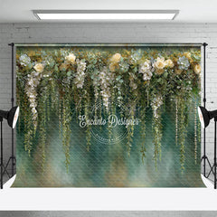 Aperturee - Aperturee Hanging Greenery and White Rose Photography Backdrop Eucalyptus Floral Wall Elegant Wedding Photo Background
