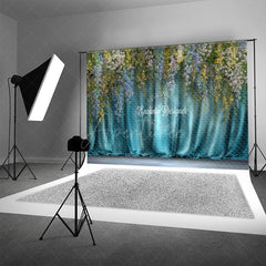Aperturee - Aperturee Hanging Wisteria Photography Backdrop with Teal Drapes Colorful Floral Elegant Maternity or Wedding Background