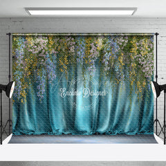 Aperturee - Aperturee Hanging Wisteria Photography Backdrop with Teal Drapes Colorful Floral Elegant Maternity or Wedding Background