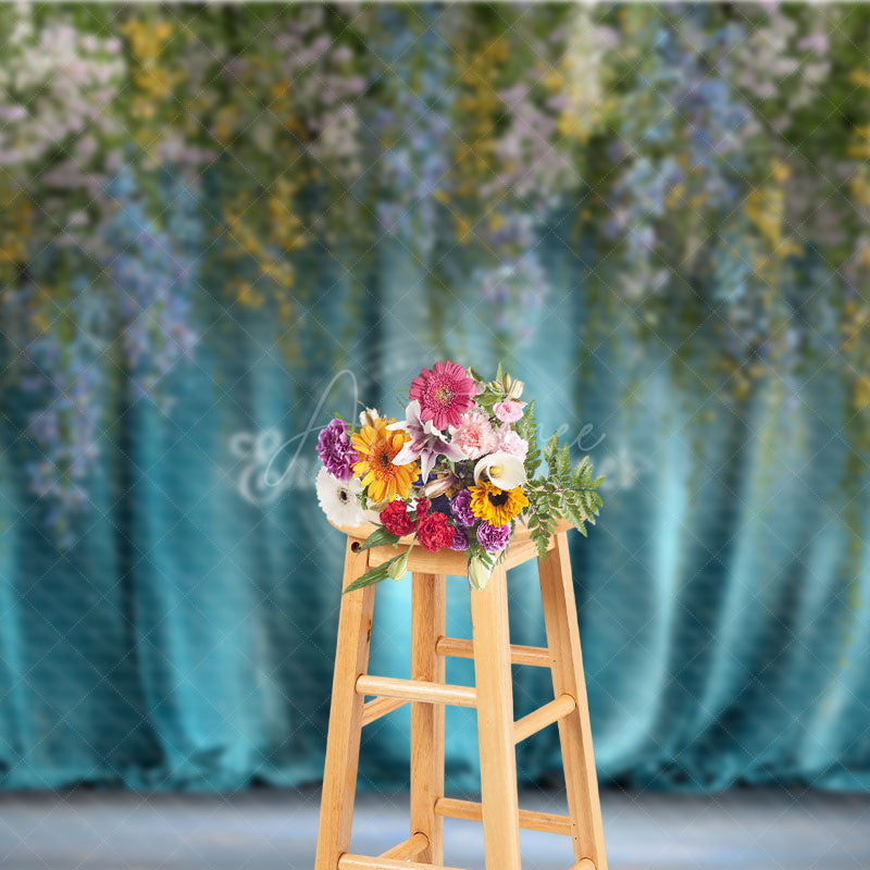 Aperturee - Aperturee Hanging Wisteria Photography Backdrop with Teal Drapes Colorful Floral Elegant Maternity or Wedding Background