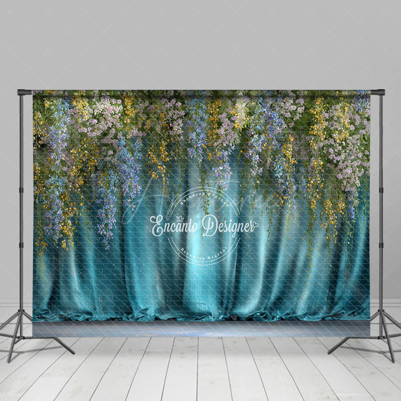 Aperturee - Aperturee Hanging Wisteria Photography Backdrop with Teal Drapes Colorful Floral Elegant Maternity or Wedding Background