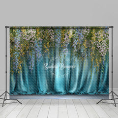 Aperturee - Aperturee Hanging Wisteria Photography Backdrop with Teal Drapes Colorful Floral Elegant Maternity or Wedding Background