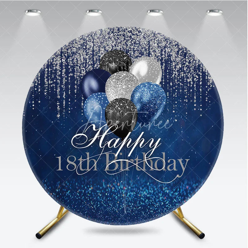 Aperturee - Aperturee Happy 18th Birthday Round Backdrop Navy Blue Silver Balloon Party Decoration Glitter Drip Background
