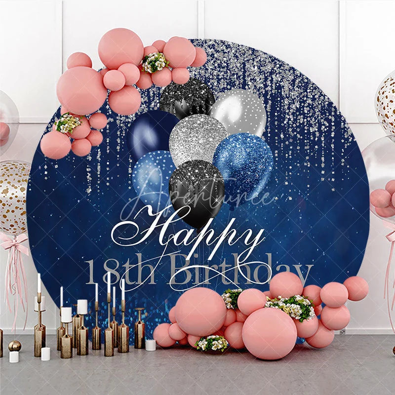 Aperturee - Aperturee Happy 18th Birthday Round Backdrop Navy Blue Silver Balloon Party Decoration Glitter Drip Background