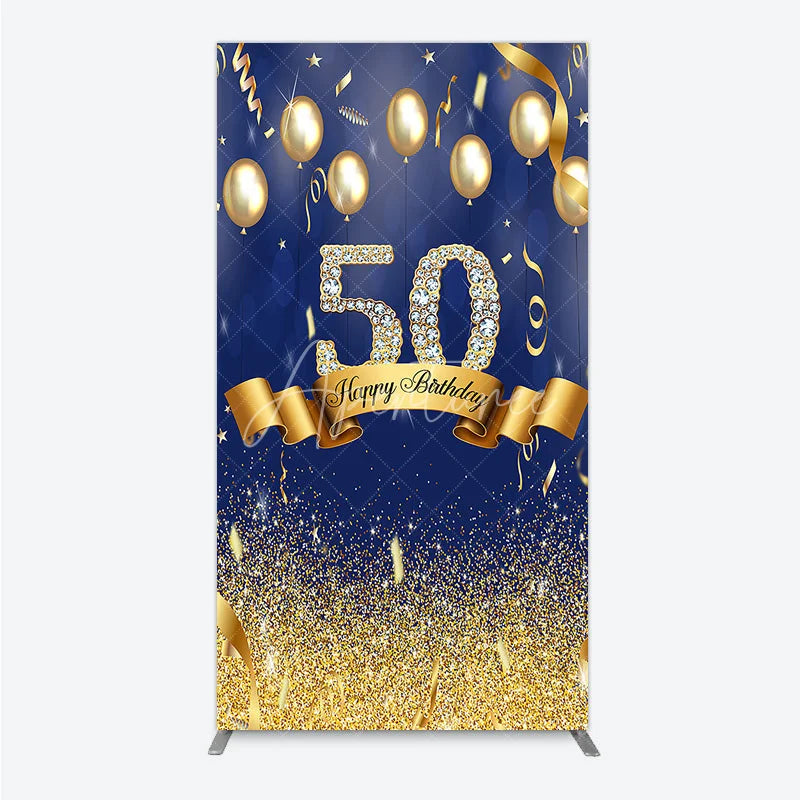 Aperturee - Aperturee Happy 50th Birthday Rectangle Backdrop Royal Blue and Gold Balloons Diamond Glitter Party Decor for 50th