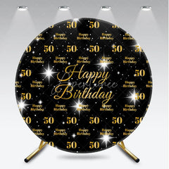 Aperturee - Aperturee Happy 50th Birthday Round Backdrop Gold Glitter Number 50 on Black Pattern Background Milestone Fifty Years Party