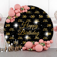Aperturee - Aperturee Happy 50th Birthday Round Backdrop Gold Glitter Number 50 on Black Pattern Background Milestone Fifty Years Party
