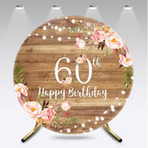 Aperturee - Aperturee Happy 60th Birthday Round Backdrop for Women Rustic Wood with Pink Floral Sixtieth Milestone Party Photo Prop