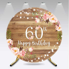 Aperturee - Aperturee Happy 60th Birthday Round Backdrop for Women Rustic Wood with Pink Floral Sixtieth Milestone Party Photo Prop