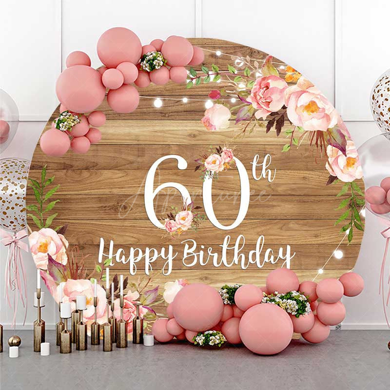 Aperturee - Aperturee Happy 60th Birthday Round Backdrop for Women Rustic Wood with Pink Floral Sixtieth Milestone Party Photo Prop
