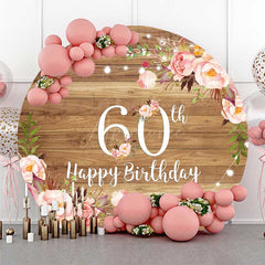 Aperturee - Aperturee Happy 60th Birthday Round Backdrop for Women Rustic Wood with Pink Floral Sixtieth Milestone Party Photo Prop