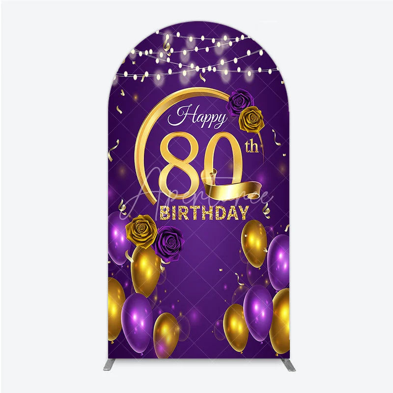 Aperturee - Aperturee Happy 80th Birthday Arch Backdrop for Her Purple and Gold Balloons with String Lights Elegant Party Decor