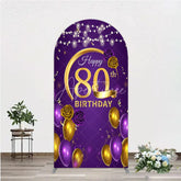 Aperturee - Aperturee Happy 80th Birthday Arch Backdrop for Her Purple and Gold Balloons with String Lights Elegant Party Decor