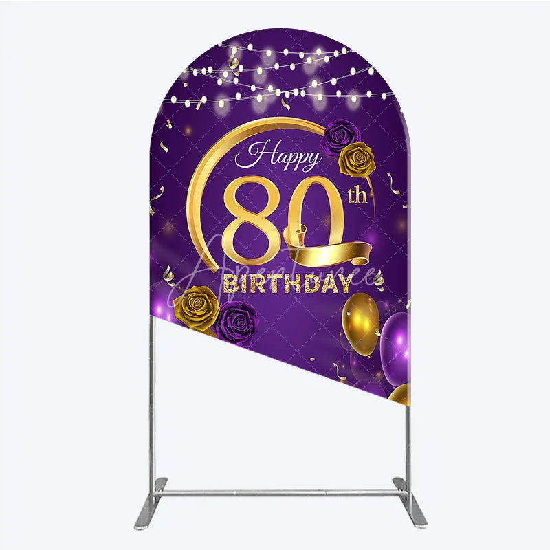 Aperturee - Aperturee Happy 80th Birthday Arch Backdrop for Her Purple and Gold Balloons with String Lights Elegant Party Decor
