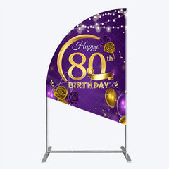 Aperturee - Aperturee Happy 80th Birthday Half Moon Arch Backdrop for Her Purple and Gold Balloons with String Lights Elegant Party Decor