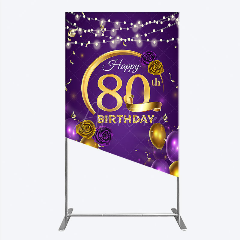 Aperturee - Aperturee Happy 80th Birthday Rectangle Backdrop for Her Purple and Gold Balloons with String Lights Elegant Party Decor