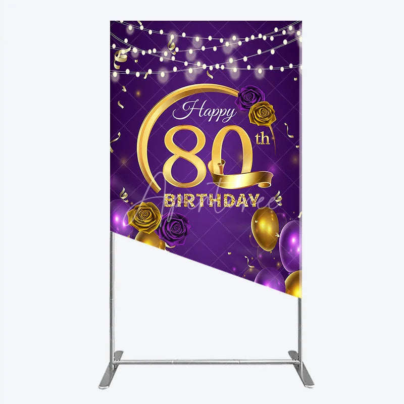 Aperturee - Aperturee Happy 80th Birthday Rectangle Backdrop for Her Purple and Gold Balloons with String Lights Elegant Party Decor