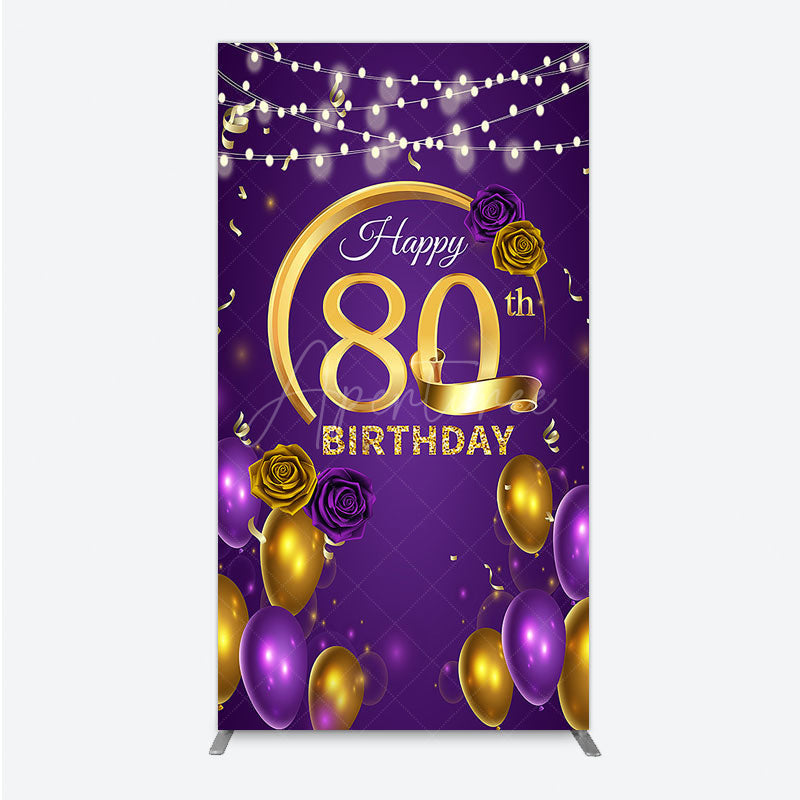 Aperturee - Aperturee Happy 80th Birthday Rectangle Backdrop for Her Purple and Gold Balloons with String Lights Elegant Party Decor