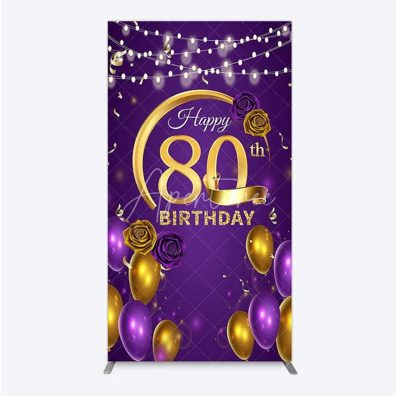 Aperturee - Aperturee Happy 80th Birthday Rectangle Backdrop for Her Purple and Gold Balloons with String Lights Elegant Party Decor