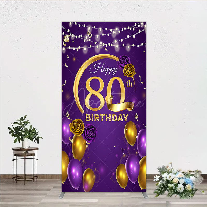 Aperturee - Aperturee Happy 80th Birthday Rectangle Backdrop for Her Purple and Gold Balloons with String Lights Elegant Party Decor