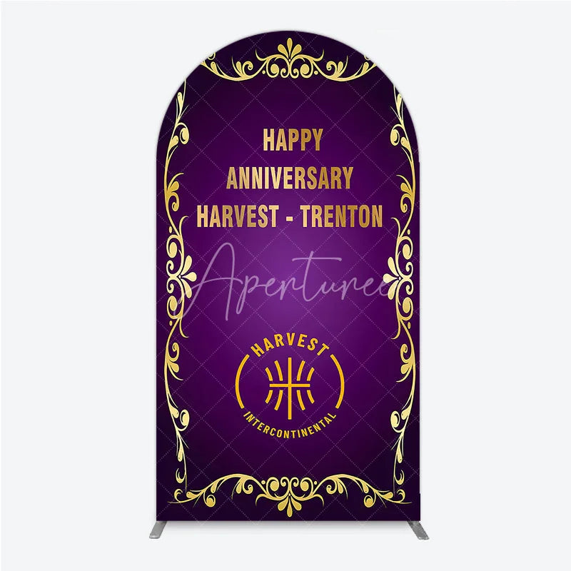 Aperturee - Aperturee Happy Anniversary Corporate Event Arch Backdrop Elegant Purple and Gold Ornate Frame Company Party Photo Booth Decor