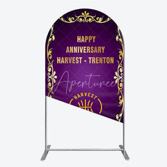 Aperturee - Aperturee Happy Anniversary Corporate Event Arch Backdrop Elegant Purple and Gold Ornate Frame Company Party Photo Booth Decor