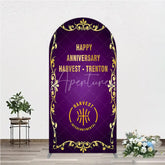 Aperturee - Aperturee Happy Anniversary Corporate Event Arch Backdrop Elegant Purple and Gold Ornate Frame Company Party Photo Booth Decor