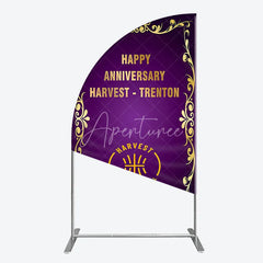 Aperturee - Aperturee Happy Anniversary Corporate Event Half Moon Arch Backdrop Elegant Purple and Gold Ornate Frame Company Party Photo