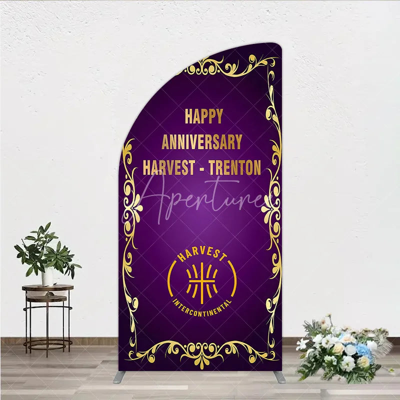 Aperturee - Aperturee Happy Anniversary Corporate Event Half Moon Arch Backdrop Elegant Purple and Gold Ornate Frame Company Party Photo