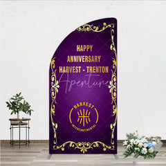 Aperturee - Aperturee Happy Anniversary Corporate Event Half Moon Arch Backdrop Elegant Purple and Gold Ornate Frame Company Party Photo