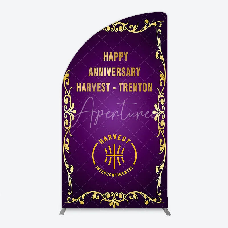 Aperturee - Aperturee Happy Anniversary Corporate Event Half Moon Arch Backdrop Elegant Purple and Gold Ornate Frame Company Party Photo