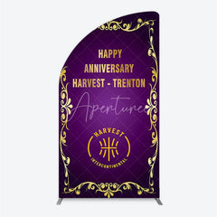 Aperturee - Aperturee Happy Anniversary Corporate Event Half Moon Arch Backdrop Elegant Purple and Gold Ornate Frame Company Party Photo