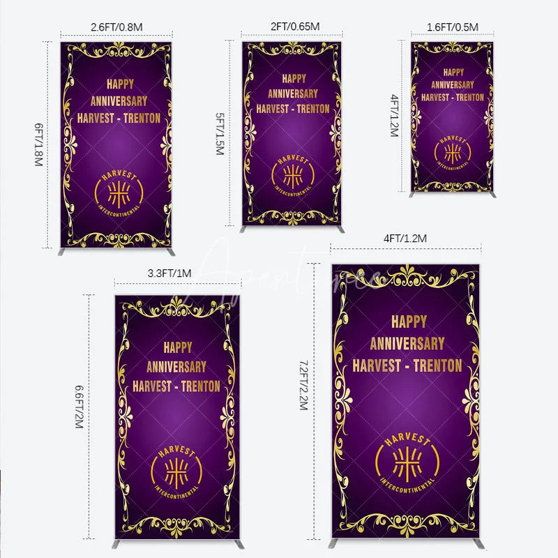 Aperturee - Aperturee Happy Anniversary Corporate Event Rectangle Backdrop Elegant Purple and Gold Ornate Frame Company Party Photo Booth