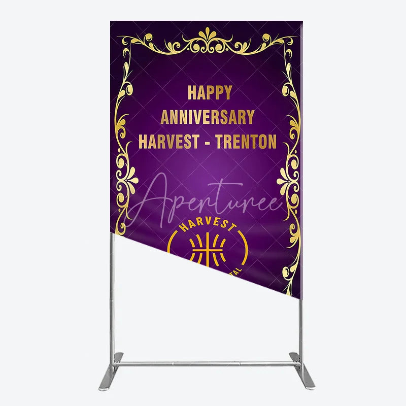 Aperturee - Aperturee Happy Anniversary Corporate Event Rectangle Backdrop Elegant Purple and Gold Ornate Frame Company Party Photo Booth