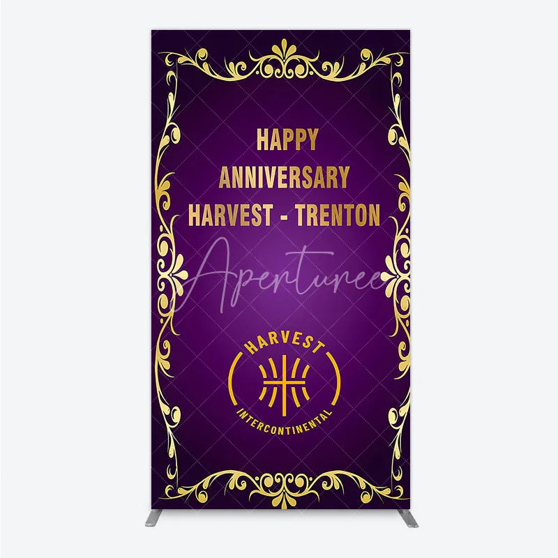 Aperturee - Aperturee Happy Anniversary Corporate Event Rectangle Backdrop Elegant Purple and Gold Ornate Frame Company Party Photo Booth