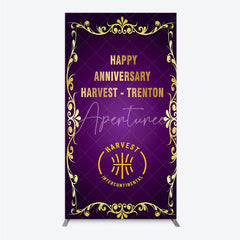 Aperturee - Aperturee Happy Anniversary Corporate Event Rectangle Backdrop Elegant Purple and Gold Ornate Frame Company Party Photo Booth