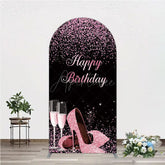 Aperturee - Aperturee Happy Birthday Arch Backdrop for Her Pink Glitter High Heels and Champagne Fabulous Women’s Party Photo Prop