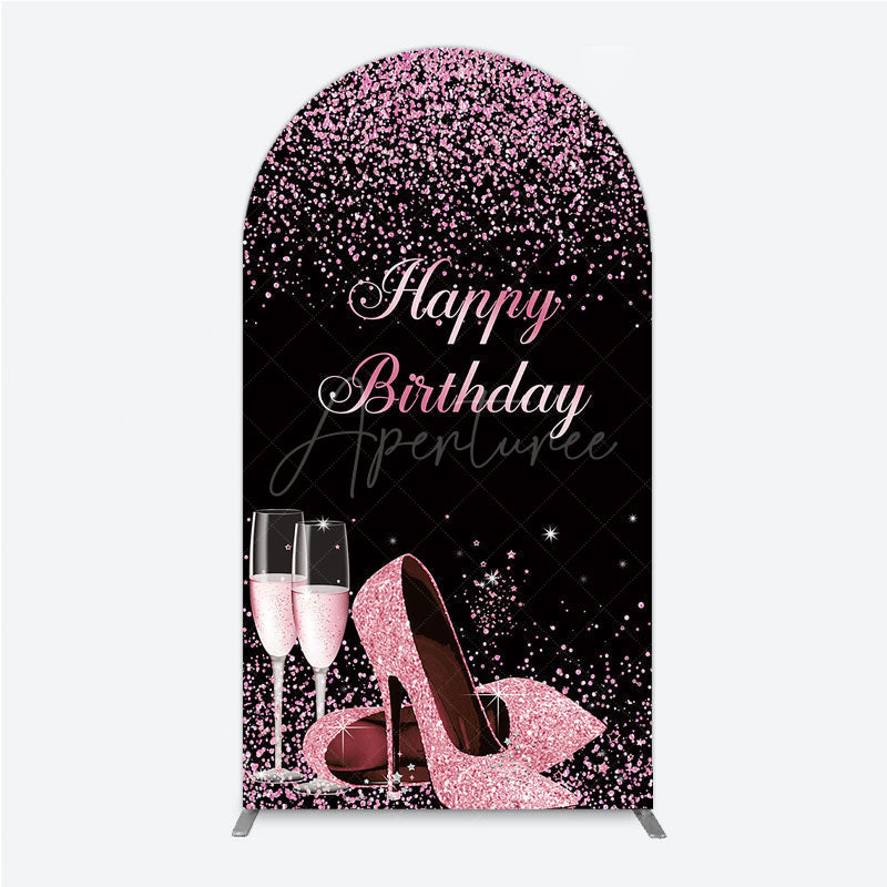 Aperturee - Aperturee Happy Birthday Arch Backdrop for Her Pink Glitter High Heels and Champagne Fabulous Women’s Party Photo Prop
