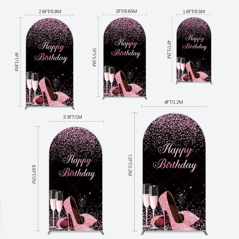 Aperturee - Aperturee Happy Birthday Arch Backdrop for Her Pink Glitter High Heels and Champagne Fabulous Women’s Party Photo Prop
