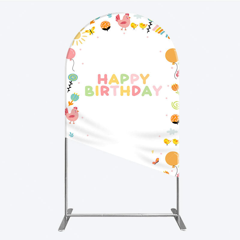 Aperturee - Aperturee Happy Birthday Arch Backdrop for Kids Cute Farm Friends with Chicken and Chicks Sunshine and Rainbow Party Prop