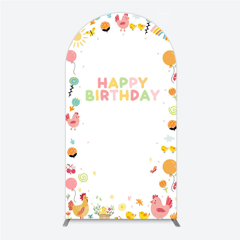 Aperturee - Aperturee Happy Birthday Arch Backdrop for Kids Cute Farm Friends with Chicken and Chicks Sunshine and Rainbow Party Prop