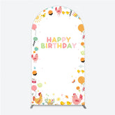 Aperturee - Aperturee Happy Birthday Arch Backdrop for Kids Cute Farm Friends with Chicken and Chicks Sunshine and Rainbow Party Prop