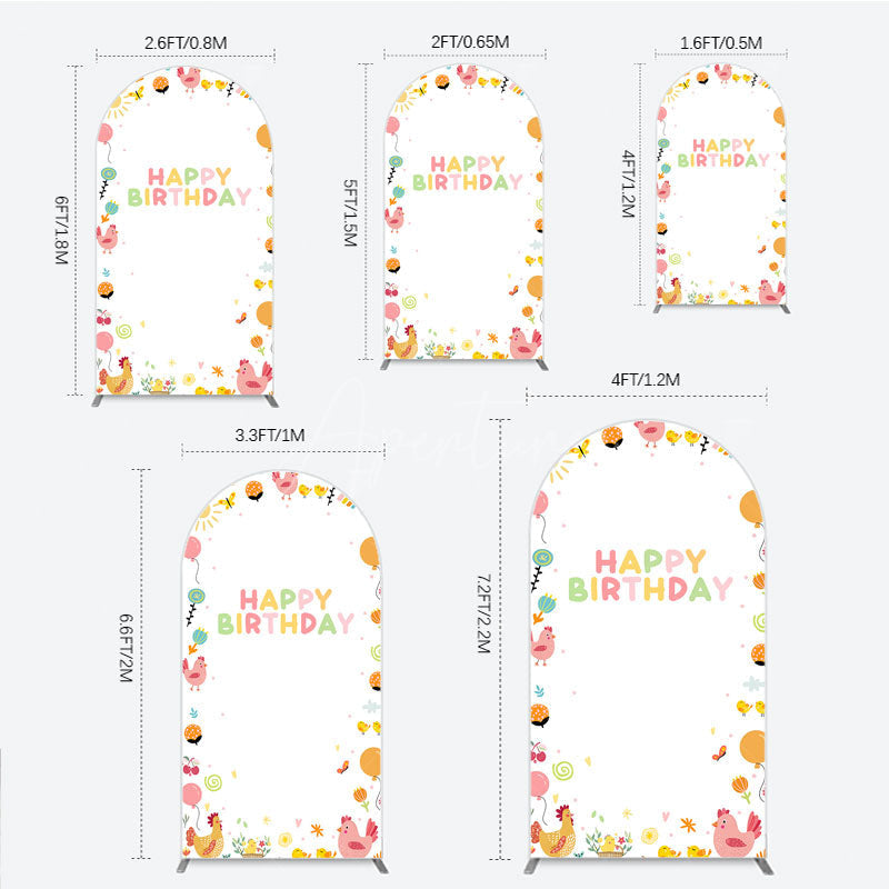 Aperturee - Aperturee Happy Birthday Arch Backdrop for Kids Cute Farm Friends with Chicken and Chicks Sunshine and Rainbow Party Prop