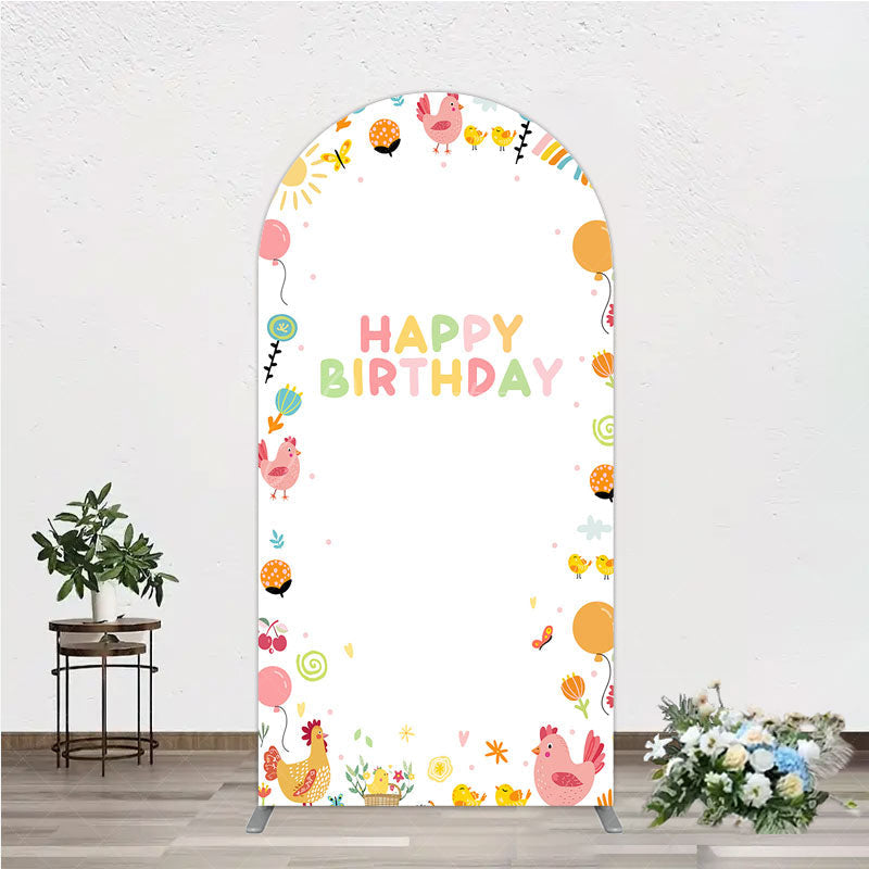 Aperturee - Aperturee Happy Birthday Arch Backdrop for Kids Cute Farm Friends with Chicken and Chicks Sunshine and Rainbow Party Prop