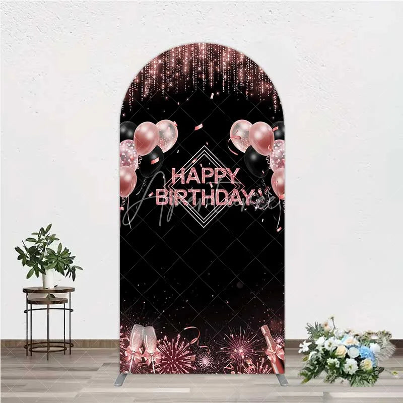 Aperturee - Aperturee Happy Birthday Arch Backdrop Rose Gold Balloons Black Glitter Champagne Decor