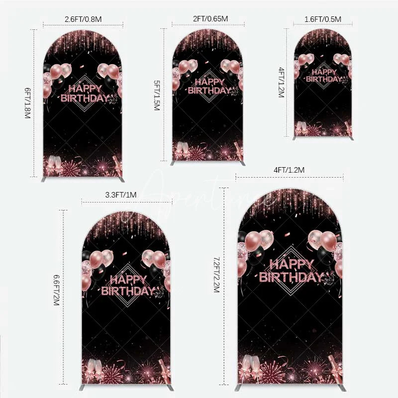 Aperturee - Aperturee Happy Birthday Arch Backdrop Rose Gold Balloons Black Glitter Champagne Decor