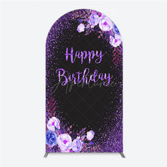 Aperturee - Aperturee Happy Birthday Arch Backdrop for Women Black and Purple Glitter with Floral Elegant Milestone Party Photo Prop