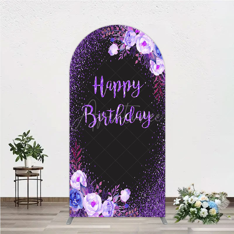 Aperturee - Aperturee Happy Birthday Arch Backdrop for Women Black and Purple Glitter with Floral Elegant Milestone Party Photo Prop