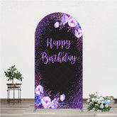 Aperturee - Aperturee Happy Birthday Arch Backdrop for Women Black and Purple Glitter with Floral Elegant Milestone Party Photo Prop