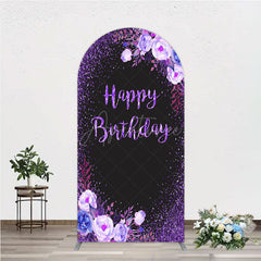Aperturee - Aperturee Happy Birthday Arch Backdrop for Women Black and Purple Glitter with Floral Elegant Milestone Party Photo Prop